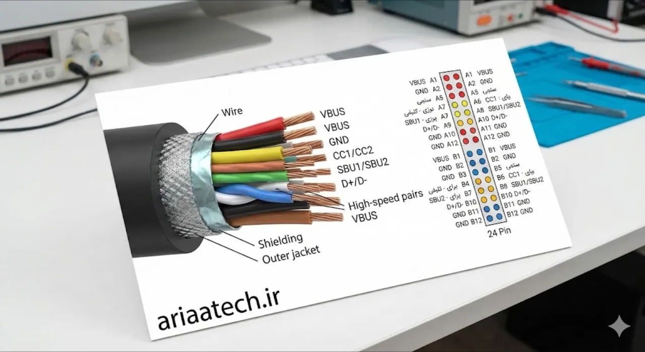 نمای نزدیک از کانکتور فلزی کابل تایپ سی و پین‌های داخلی آن